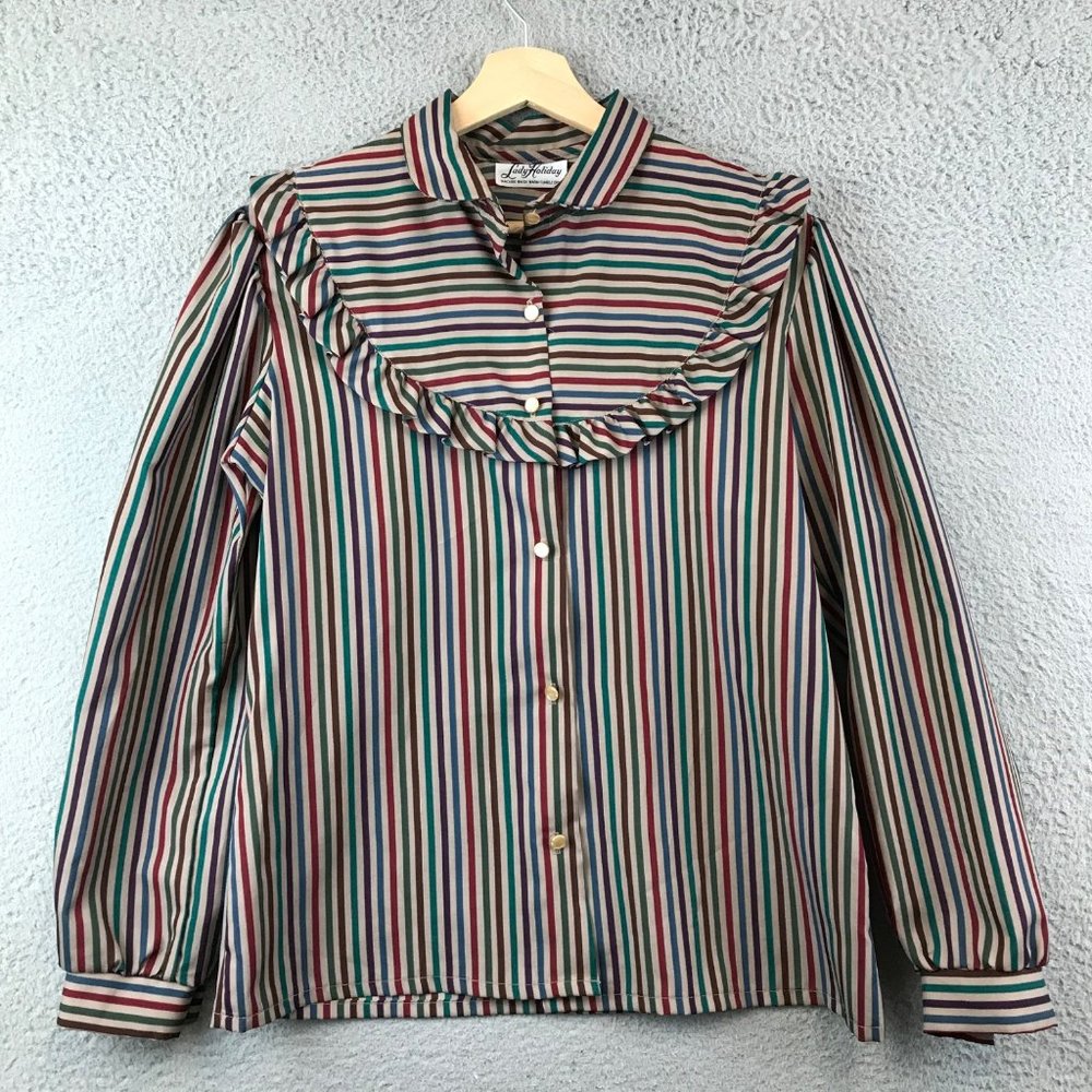 Vintage Lady Holiday Striped Secretary Ruffled Long Sleeve Blouse Size Medium